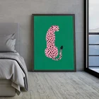Плакат настенный с милыми розовыми леопардовыми зелеными животными, мультяшный принт на холсте, современное художественное оформление для гостиной, модульное украшение для дома