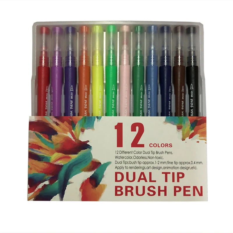 12 colors 60 цветов художественные маркеры ручки Fineliner цветные ручки для рисования акварельный маркер с двумя кончиками кисточка школьные канцелярские принадлежности - Цвет: 12 colors