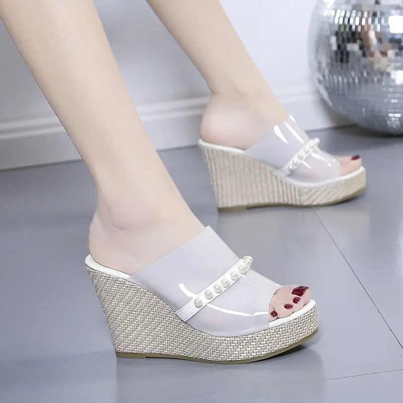 

Women's Slippers Fashion Simple Vamp Pearl Embellished Flowers Wedges Casual Mature Women Slippers 2021