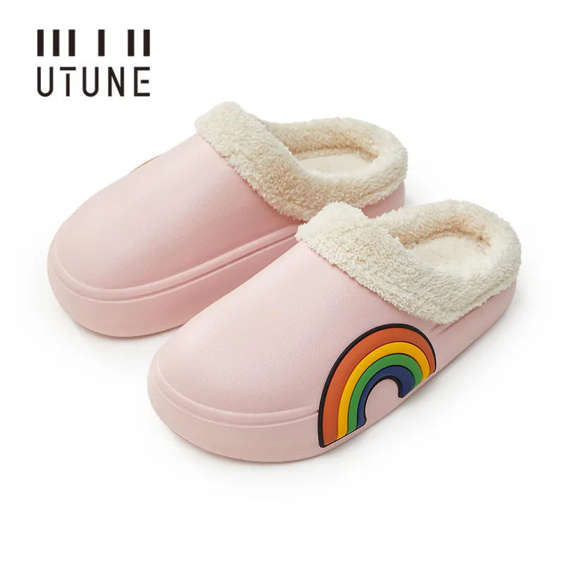 

UTUNE KIDS Waterproof Women Slippers Winter Cartoon Outside Slipper Rainbow Patch Indoor Shoes Warm Plush Winter Parent-children