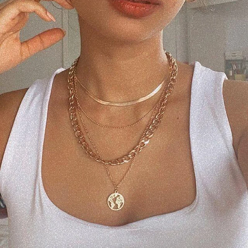 Multilayer Snake Chain Thick Chain Choker Necklace for Women Creative Personality Hollow Map Pendant Necklace Clavicle Chain