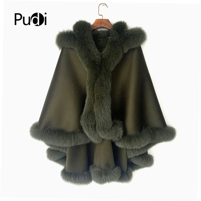 

Pudi Women Real Fox Fur Coat Jacket Female Genuine WOOL Hooded Shawl Cape