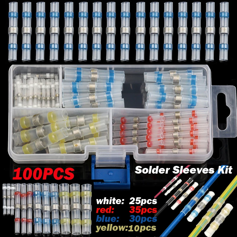 

100PCS Waterproof Solder Seal Sleeve Splice Terminals Insulated Heat Shrink Electrical Wire Butt Connectors Assorted Kit