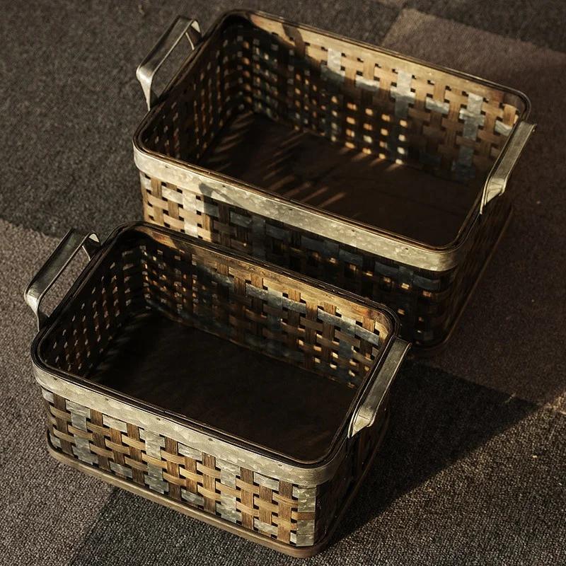 

Square Galvanized Silver Metal Woven Storage Basket with Handle Retro Rustic Farmhouse Industrial Style Home Decor