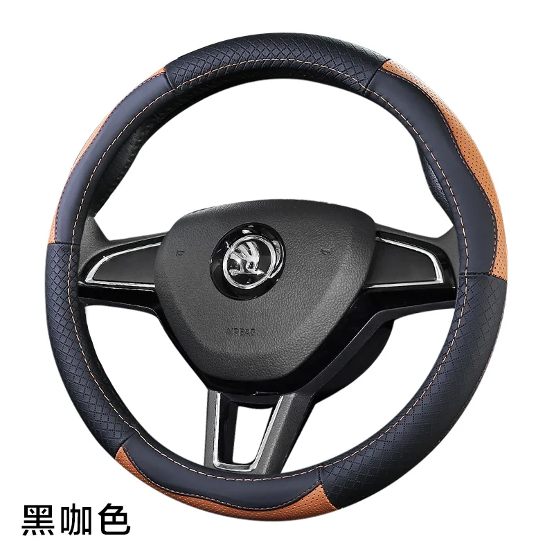 A black with coffee Верхний слой кожаный руль чехлы для skoda Fabia Octavia Scout Rapid Spaceback Superb Kodiaq Karoq Roomster Praktik Yeti - Название цвета: A black with coffee
