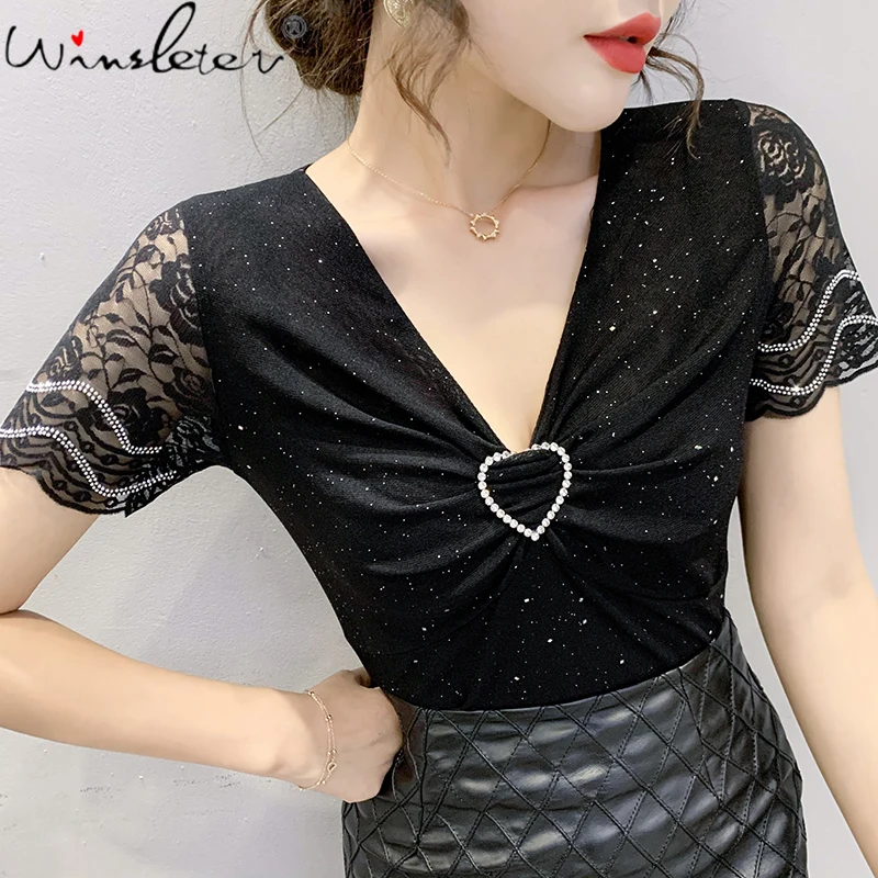 

Summer European Clothes Mesh T-Shirt Chic Sexy V-Neck Women Tops Short Sleeve Shiny Diamonds Love All Match Tees New Hot T15202A