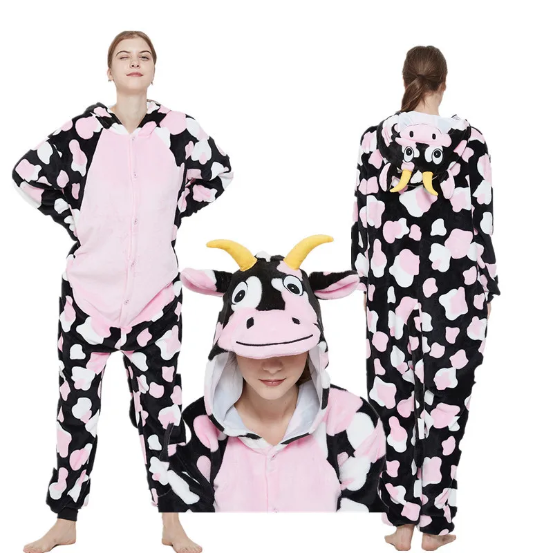 Pink Cow Onesies Pajamas Adults Animal Kigurumi Women's Homewear for Winter