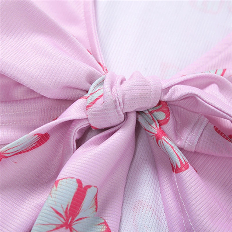 

Pop sexy V-neck bow knitting crop top women printting full sleeve slim T-shirt summer casual streetwear simple Tee