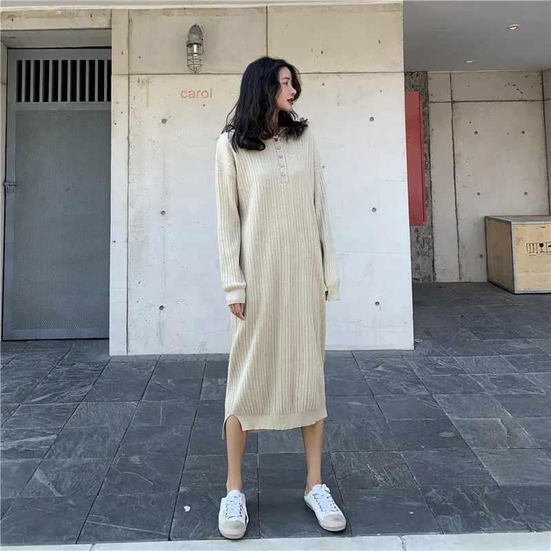 

Winter Straight Sweater Dresses Women Casual Thick Long Knitted Hoodies Dress Loose Woman Mid-Calf Vestidos femme JK301