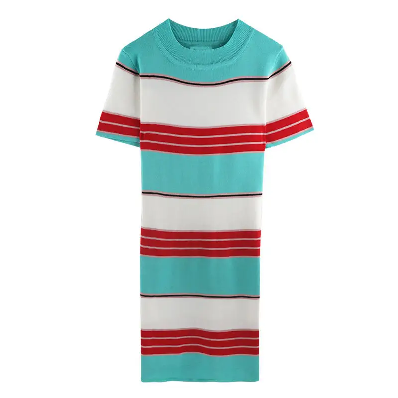 

2021 summer new striped contrast knitted dress women's Hong Kong style retro chic slim dress