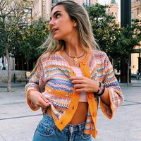 2021 new autumn and winter striped sweater women loose large size rainbow knit sweater button cardigan o neck sweater top