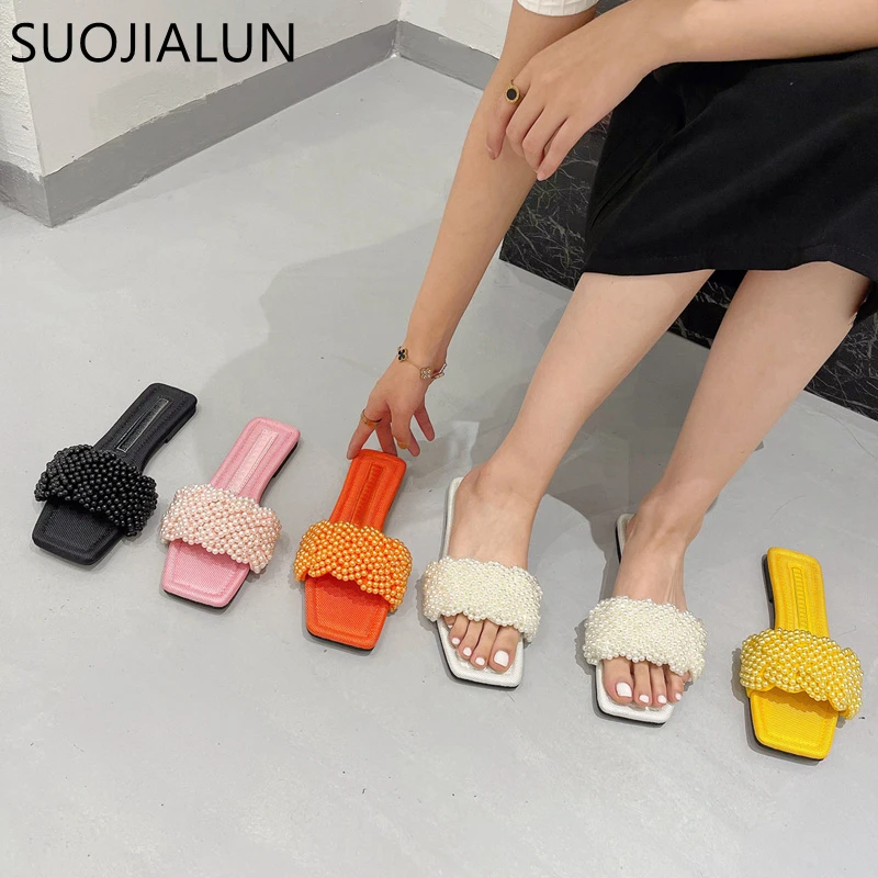 

SUOJIALUN 2022 Fashion String Bead Women Slipper Square Toe Flat Casual Slide Summer Outdoor Beach Flip Flops Open Toe Sandals