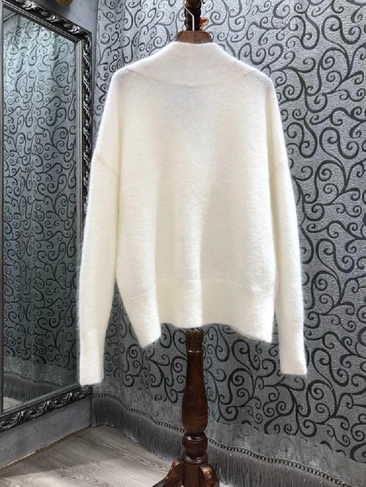 Top Quality New Sweaters 2020 Autumn Winter Tops Women V-Neck Mohair Knitting Long Sleeve White Pullovers Ladies Soft Knitwear
