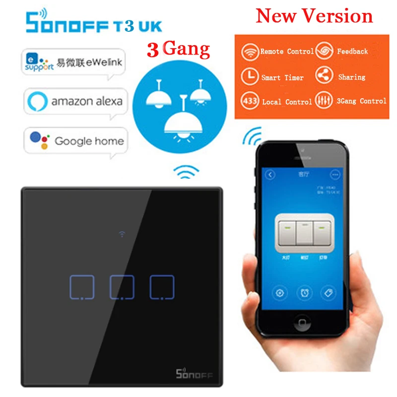Sonoff T3 UK 3C Sonoff T3 UK 1 2 3 банда умный дом пульт дистанционного управления Wifi сенсорный переключатель Роскошная стеклянная панель сенсорный светодиодный светильник настенный таймер переключатель черный - Комплект: Sonoff T3 UK 3C