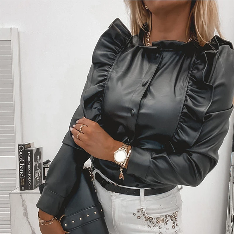 

2020 Fashion Casual Ruffled Leather Button Long Sleeve Women Blouse Plus Size Women Tops and Shirt Winter Tops Women