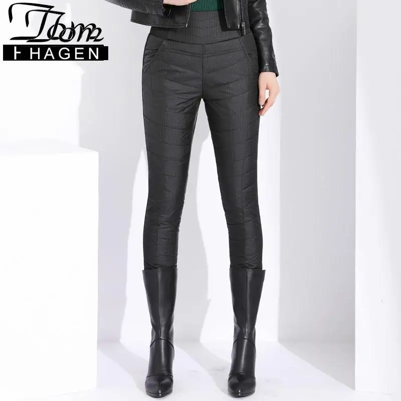 Классические зимние брюки на утином пуху женские утепленные бархатные черные