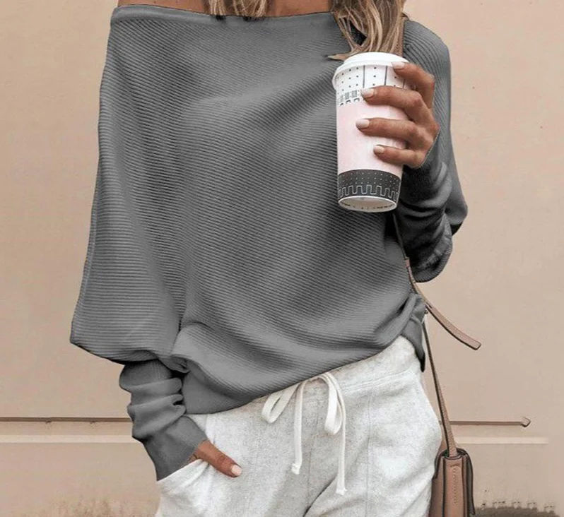 

Zoulv Fashion Off Shoulder Knitted Sweater Solid Grey White Knitwear Jumper Batwing Sleeve Casual Loose Sweater Tops Pullover