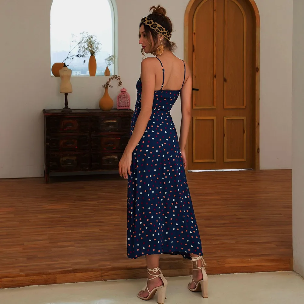 

2020 Color Wave Dot Suspenders Sexy Sleeveless Backless Dress Long Dresses With Side Zip Female Print Maxi Dress Ladies Vestidos