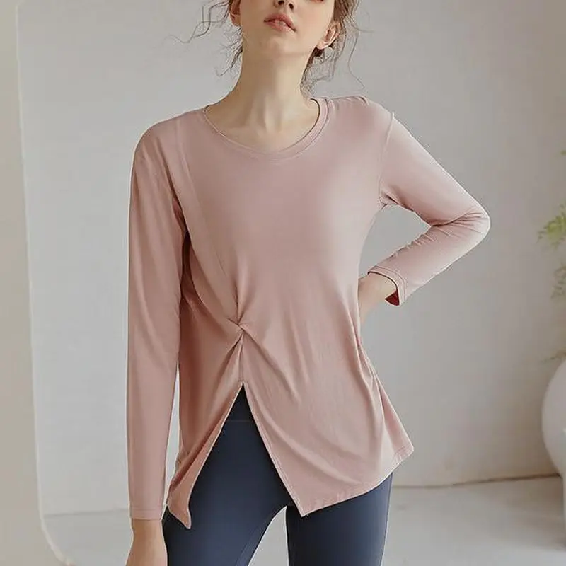 

Women Blouses New Loose Thin Long-Sleeved O-Neck Split Quick-Drying Yoga Clothes Sports T-Shirts Running Training Fitness Tops
