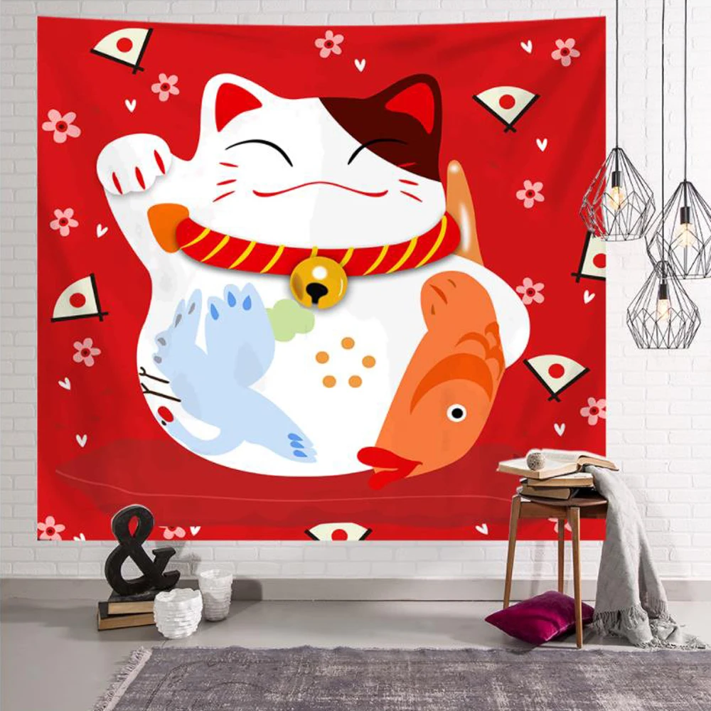 

Креативный гобелен в японском стиле с мультяшным милым счастливым котом, простота, модные принты, настенные гобелены, домашний декор для го...