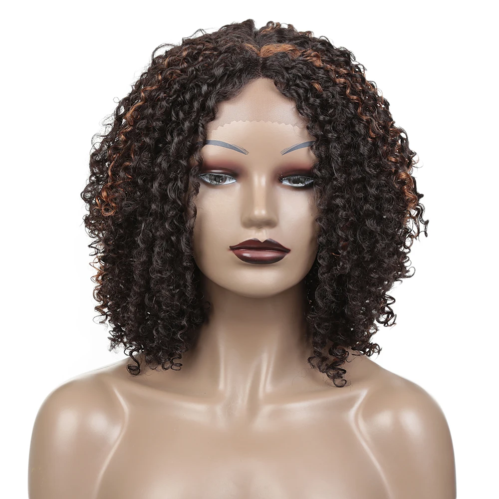 

Golden Beauty 14inch Middle Long Bob Tpart Lace Wig Synthetic Hair Curly Wavy Ombre Brown High Temperature Fiber For Black Women