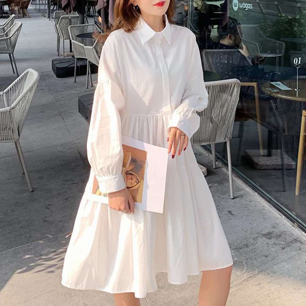 Женское платье-рубашка с длинным рукавом свободный простой элегантный