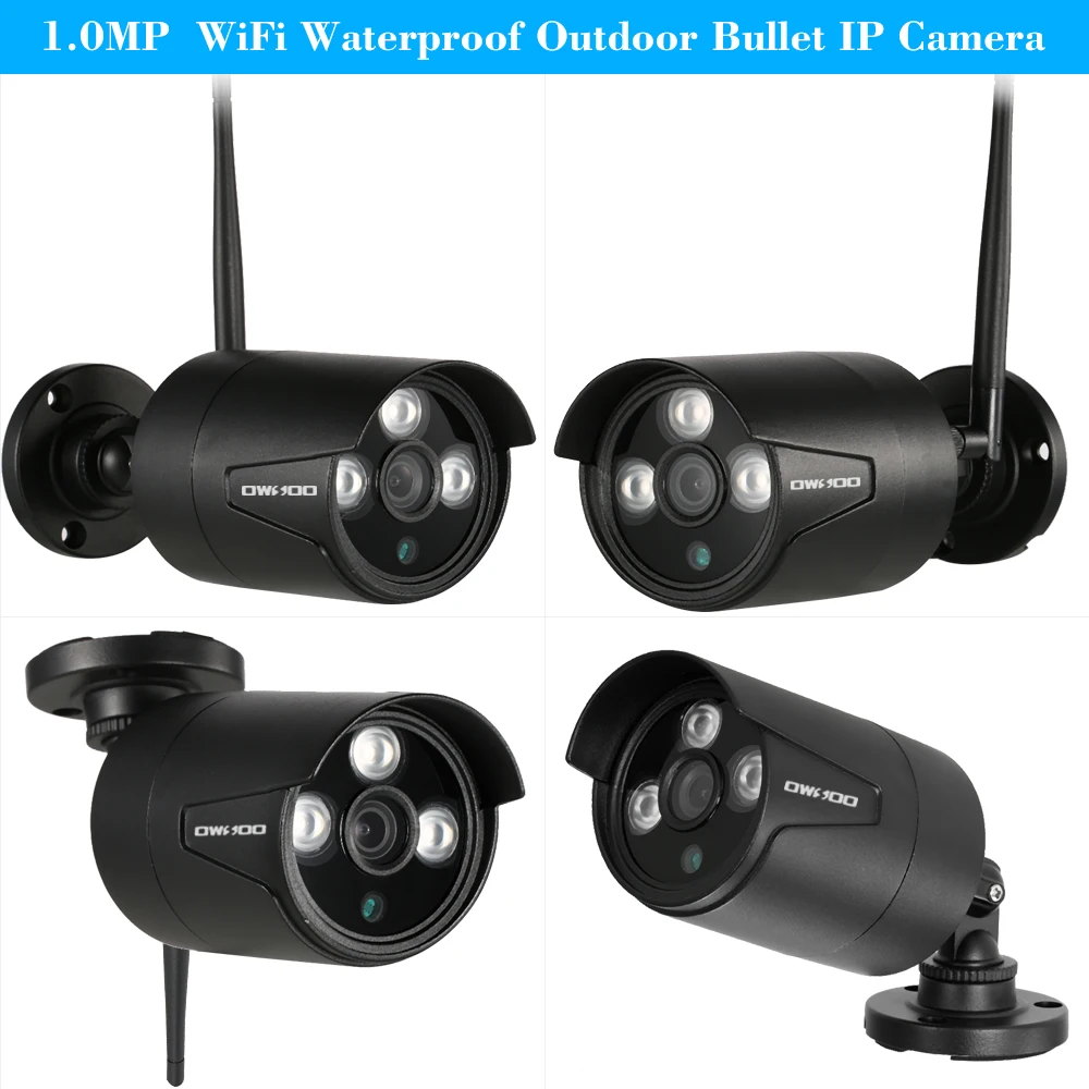 OWSOO 10.1’’ 4CH 720P HD WiFi NVR Kit with 4pcs 1.0MP Wireless Waterproof Outdoor Bullet IP Camera Support P2P Onvif IR-CUT |