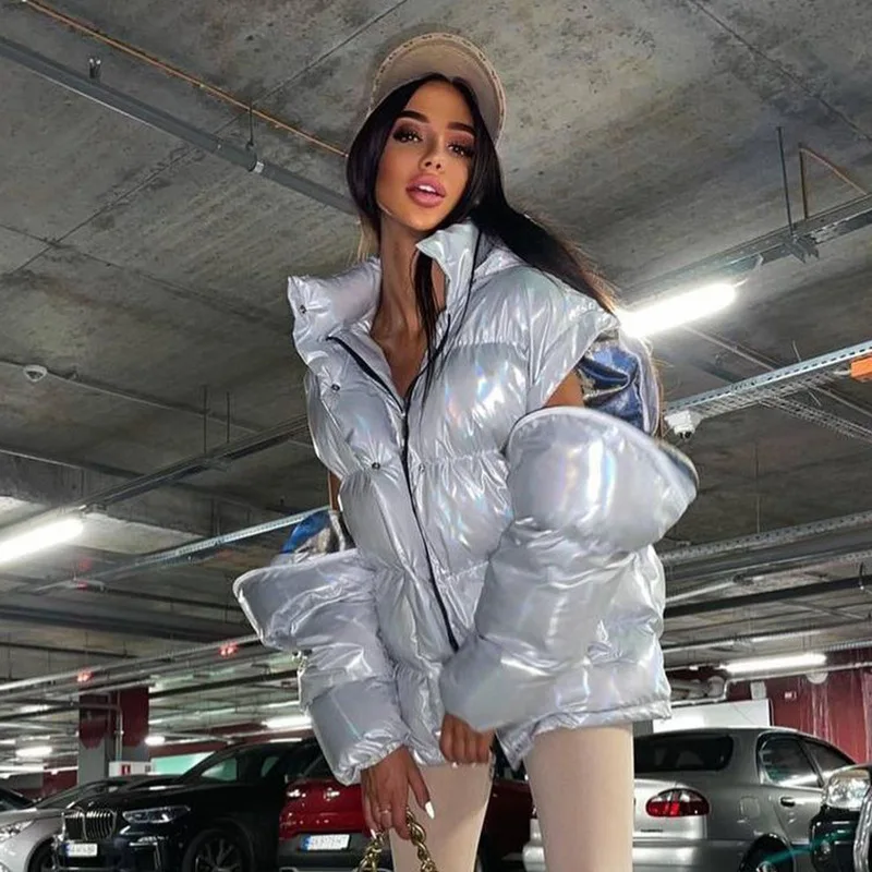 

Solid Silver Casual Zipper Patchwork Long Sleeve Women Coat Stand Collar Button Streetwear Blue Streetwear Winter Female Tops