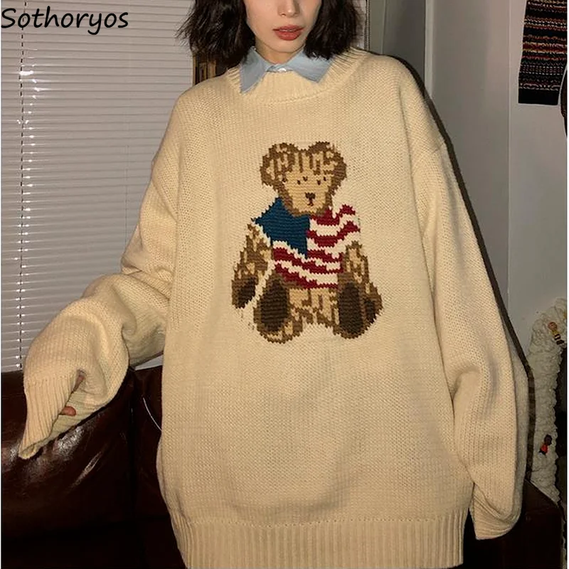 

Women Pullover Sweaters Cartoon Trendy Knitted Lovely Streetwear All-match Japan Style Harajuku Chic Retro Students Kawaii Cozy