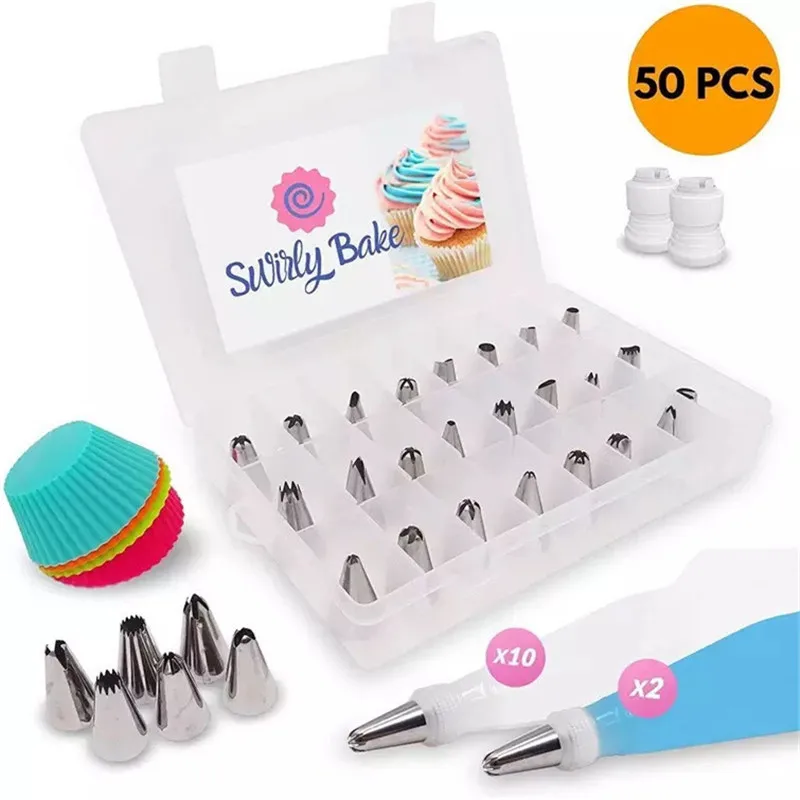 

50 Pcs/set Pastry Bag Tips Pastry Bags +30 Nozzles Set Muffin cup Kitchen DIY Icing Piping Cream Reusable Cake Decorating Tools