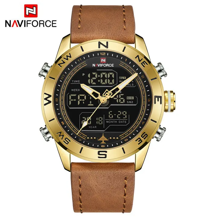 LIGHT BROWN GOLD NAVIFORCE, повседневные спортивные кварцевые часы для мужчин, двойной дисплей, календарь, многофункциональные аналоговые цифровые мужские часы, Топ бренд, роскошные часы - Цвет: LIGHT BROWN GOLD
