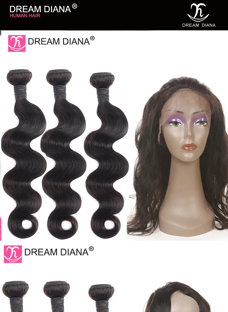 DreamDiana Brazilian Body Wave 360 Lace Frontal With Bundles 22"4"2"1B 12-26L Remy Weave 3 Bundles With 360 Lace Frontal Closure