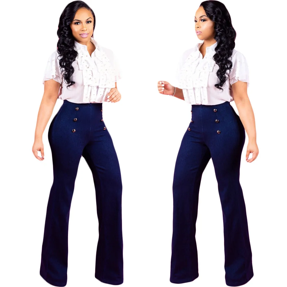 

Женские повседневные джинсы с высокой талией, модные однотонные голубые облегающие двубортные Брюки с широкими штанинами, Модные расклеше...