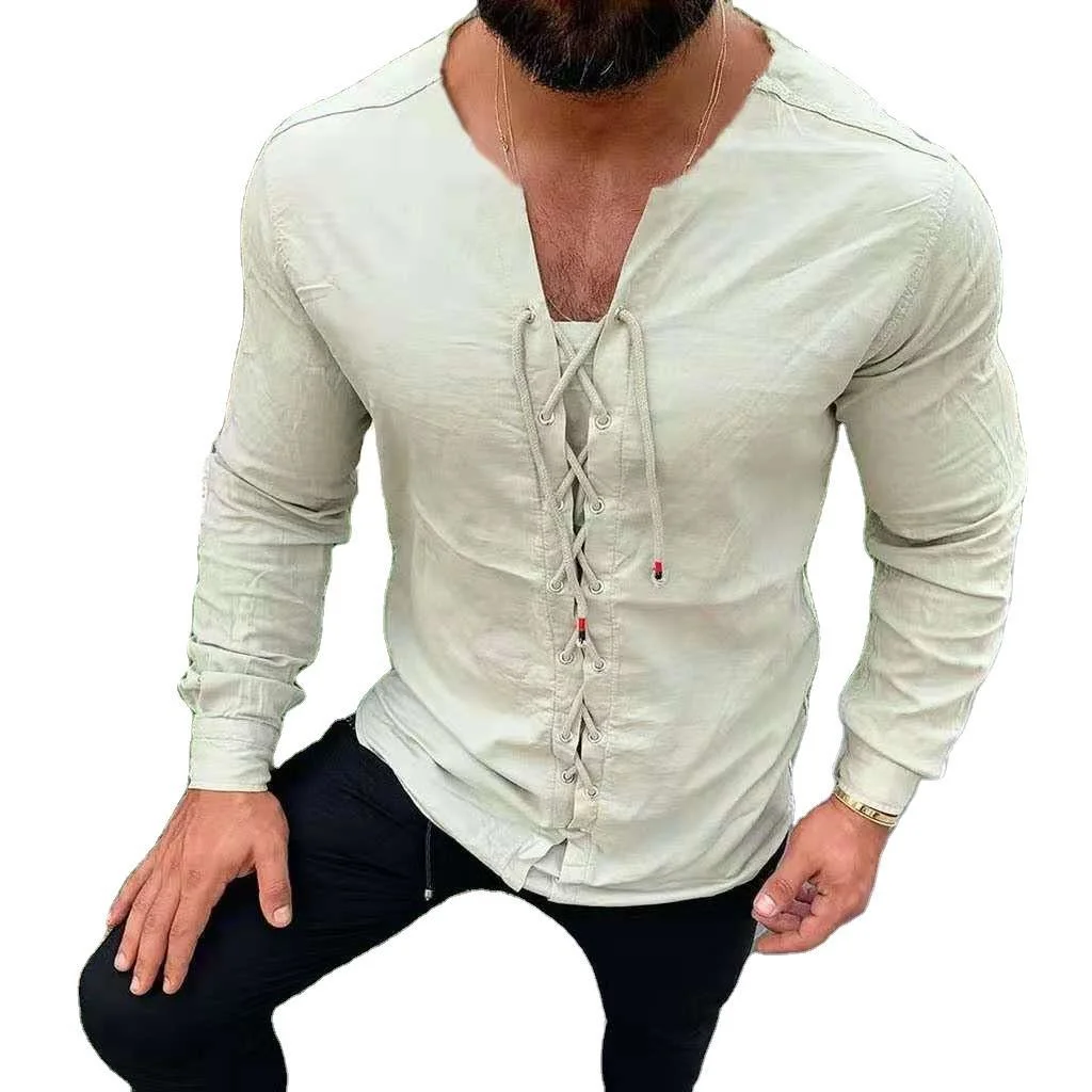 

Fashion camisa masculina Mens Casual T-Shirt Long Sleeve String V Neck Blouse Casual Loose Thin Tops Men Plus Size Ripped Shirts