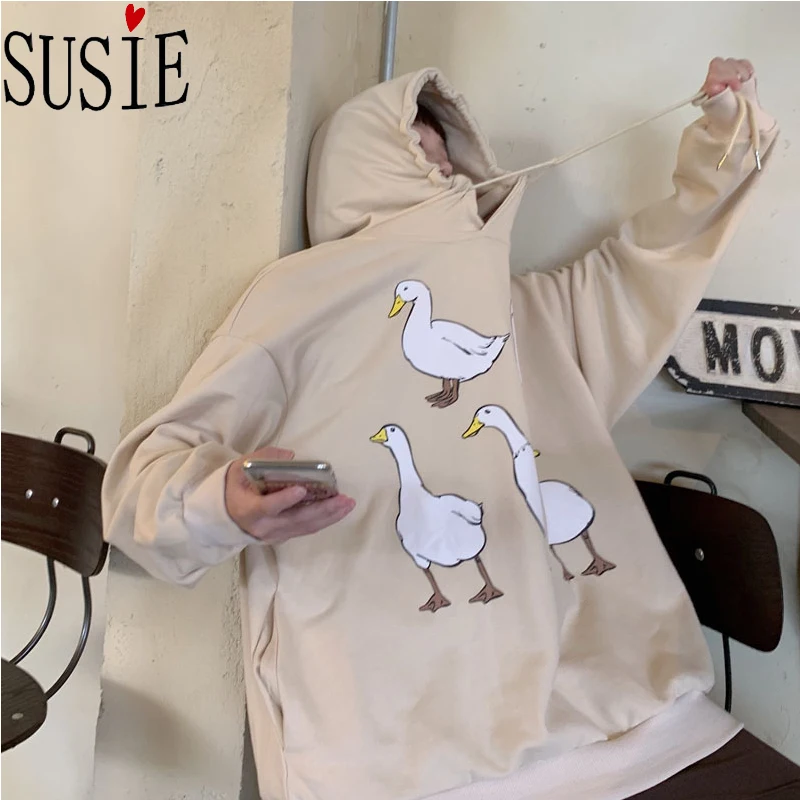 Новинка 2019 Женская толстовка с капюшоном милым принтом утки и Финни модная