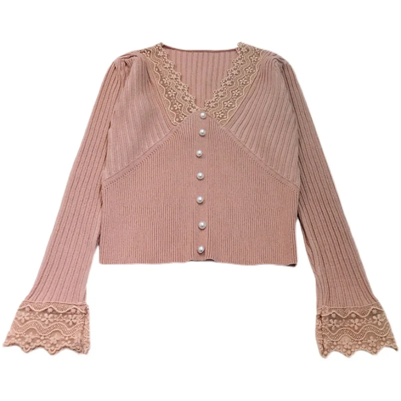 

2021 early spring net red with the same white v-neck lace slim-fit foreign-style knitted bottoming shirt top