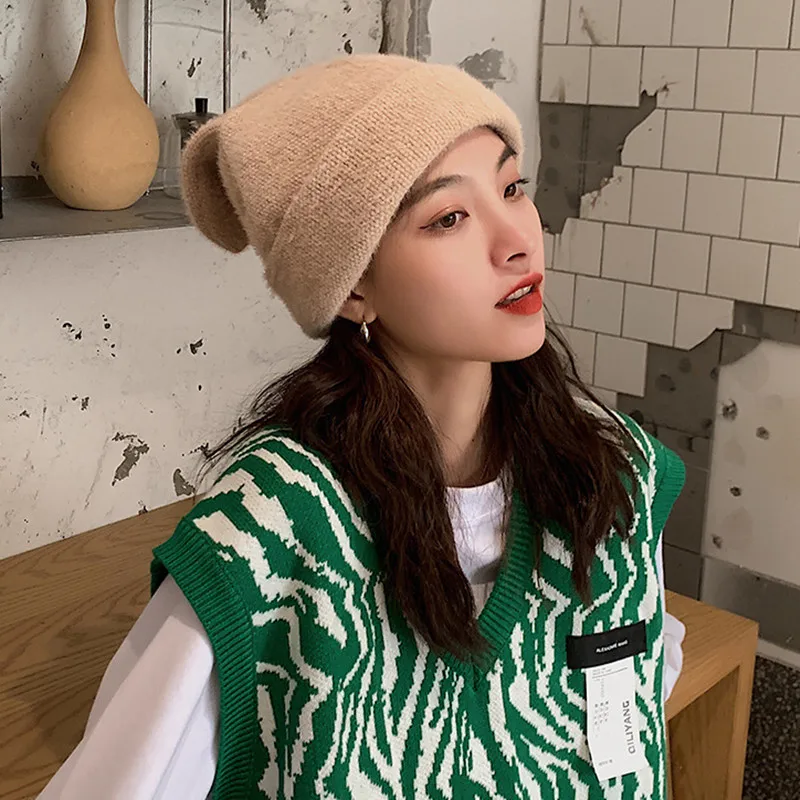 Johnature 2021 Winter New Korean Knitting Cute Cartoon Women Hats Fashion All Match Warm Solid Color 3 Colors Hats