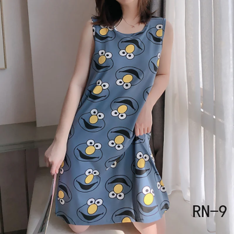 

New Women Nightgowns 2021 Summer Sexy Women Cartoon Night Dresss Sleeveless Polyester Girls Teenger Sleepwear with Chest Pad