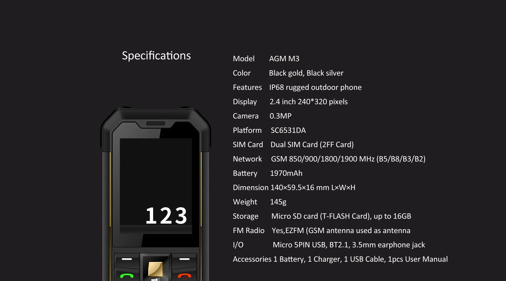 AGM M3 русский прочный двойной SIM открытый 2,4 ''Телефон IP68 водонепроницаемый ударопрочный пылезащитный фонарь 1970 мАч фонарик