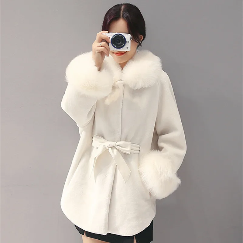 

Winter Faux Fur Coat Women Solid Fox Fur Collar Faux Lamb Wool FurJacket Thick Warm Long Loose Women Jacket Plush Fluffy Jacket