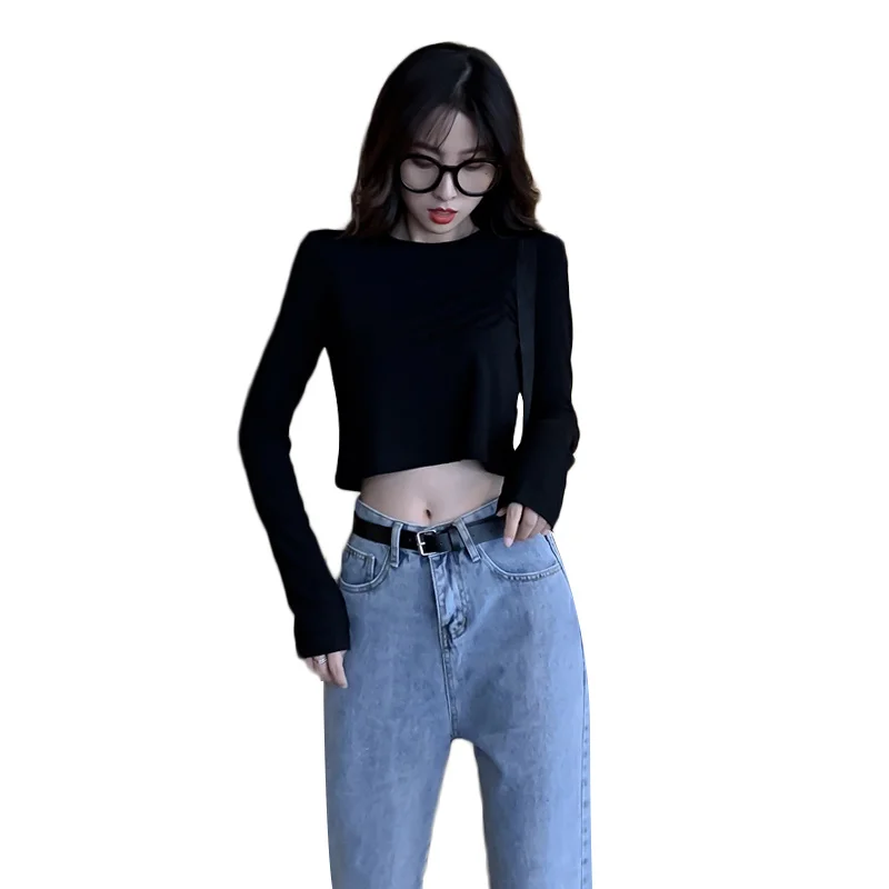 

Official Picture Real Price Cotton Autumn Short Long-sleeve T-shirt Women's Round Neck Kio