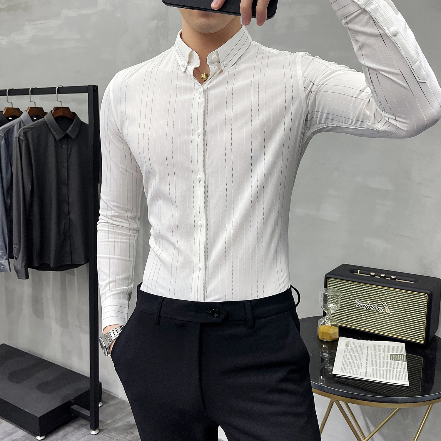 

Men Slim Fit Shirts Social Party Casual Long Sleeve Shirt Tops 2021 Classic Striped Business Formal Male Clothing Camisa Homme