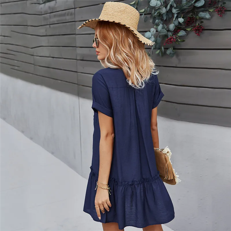 

Spring New Solid Short Dress Women 2021 Casual V Neck Single Breasted Summer Dress Ladies Loose A Line Dresses
