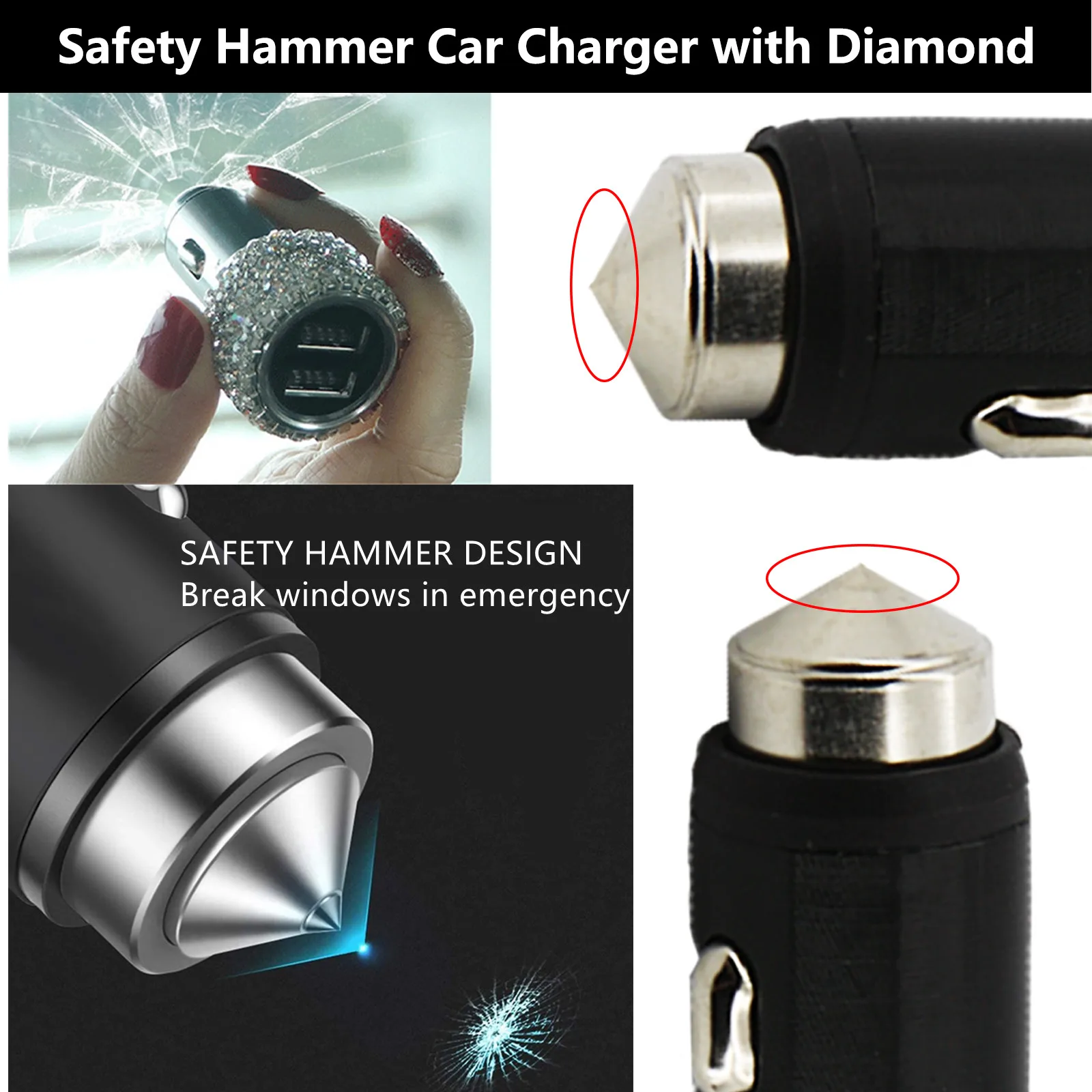 Car Charger Dual USB Adapter Cigarette Lighter LED Voltmeter For All Types Mobile Phone Charger Smart Safety Hammer Charger