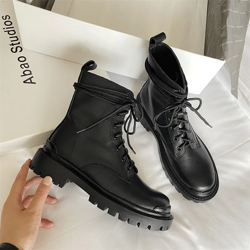

ANNYMOLI Women Motorcycle Boots Shoes Real Leather Platform Mid Heel Short Boots Block Heels Lace Up Ankle Boots Autumn Winter
