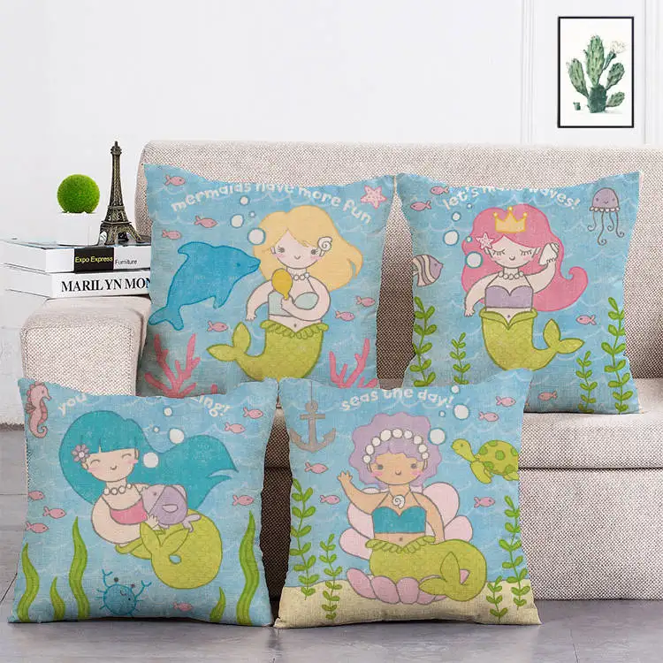 

Cartoon Sea Animal Pillow Case Mermaid Seahorse Conch Starfish Fish Seaweed Decoration Pillow Home Sofa Bed Cushion Cover T138