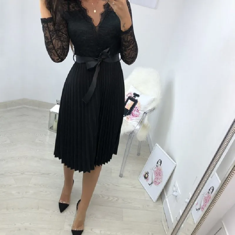 Женское шифоновое платье средней длины повседневное кружевное плиссированное с