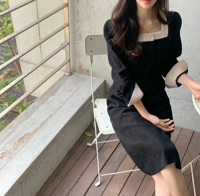 

Women's Dress Elegant Square Neck Bandage Waist Button Long Sleeve Calf Length Black Dress Office Vestidos