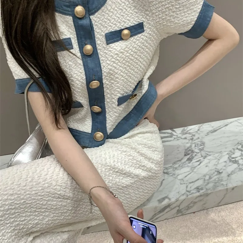 

CBAFU office lady 2 piece set women pants suit high waist wide legs trousers short sleeve single breasted tops runway brand N485