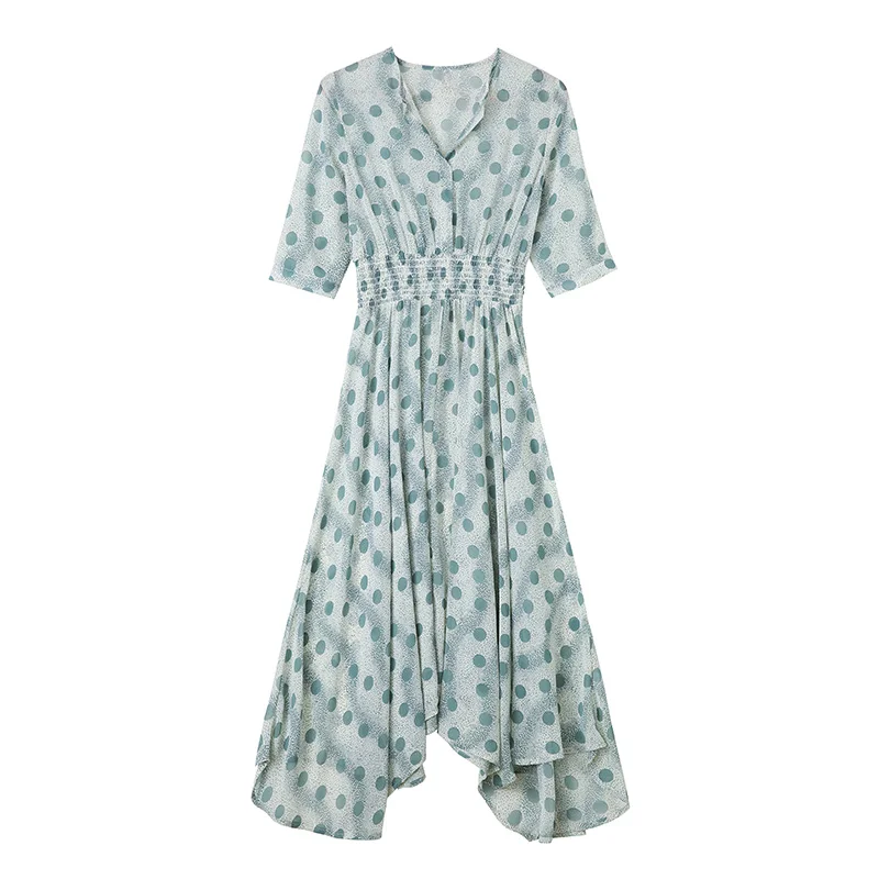 

Film blue v-neck dress chiffon wave point female summer new French posed long skirt waist show thin